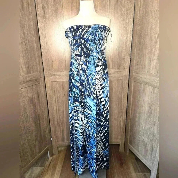 Blue and White Strapless Maxi summer Dress - Picture 2 of 8